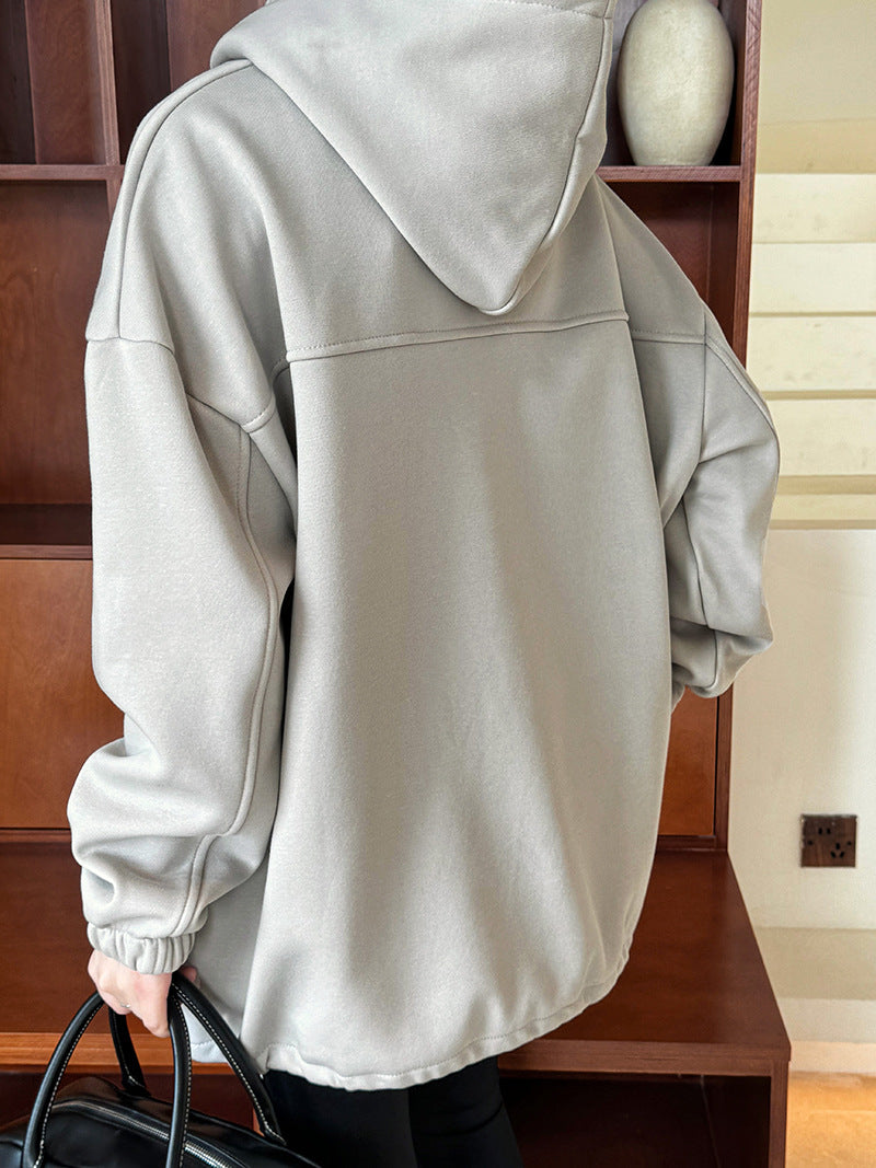 Half High Collar with Button Details Thick Loose Hoodie