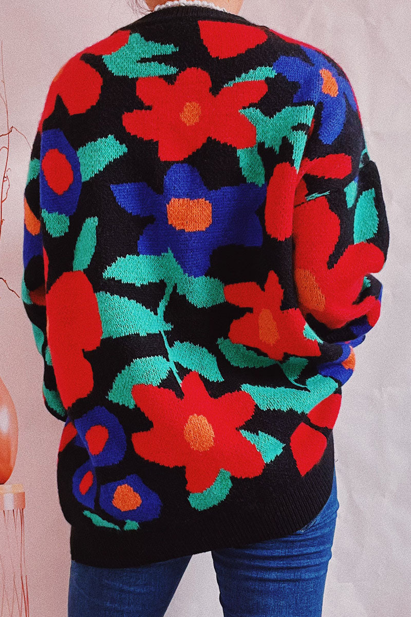 Blooming Flowers Crew Neck Loose Knit Sweater