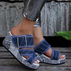 Denim buckled wedge sandals