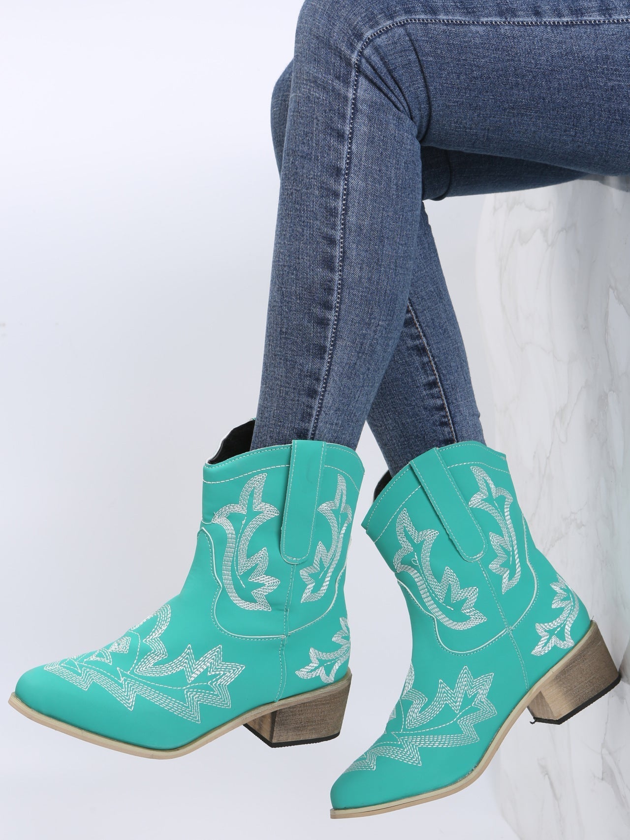 Embroidered Floral Chunky Heel Martin Boots