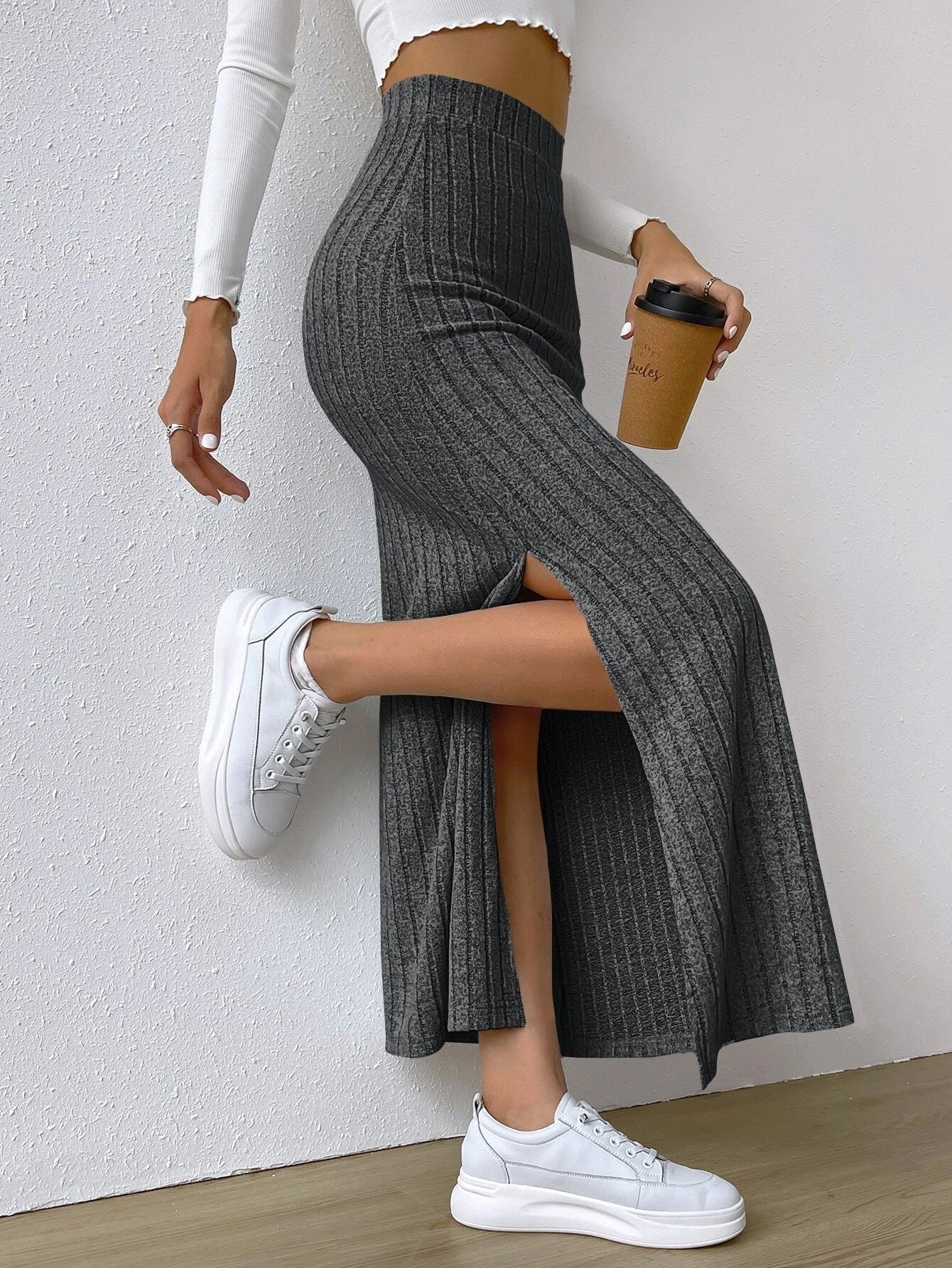 CozyKnit High-waisted slim-fitting side slit knitted long skirt