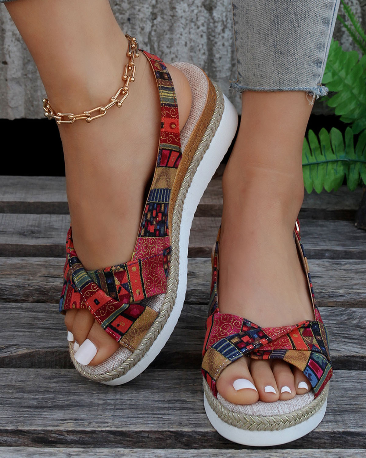 Printed Open Toe Slingback Wedge espadrilles Sandals