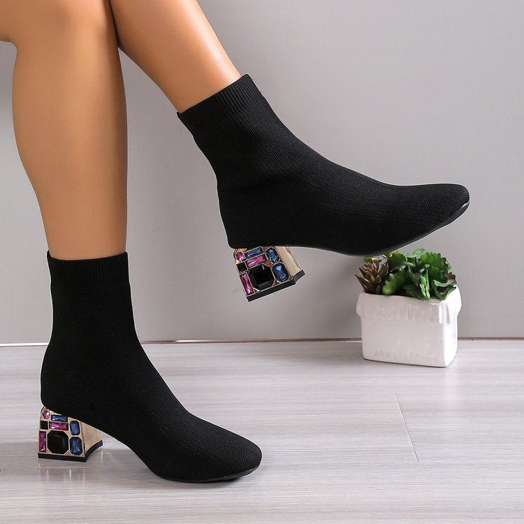 Rhinestone embellished heel fly knit boots