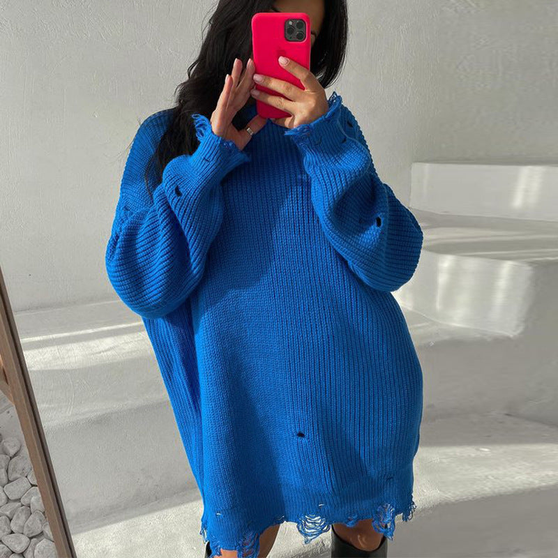 Ripped O Neck Oversized Sweater Dress