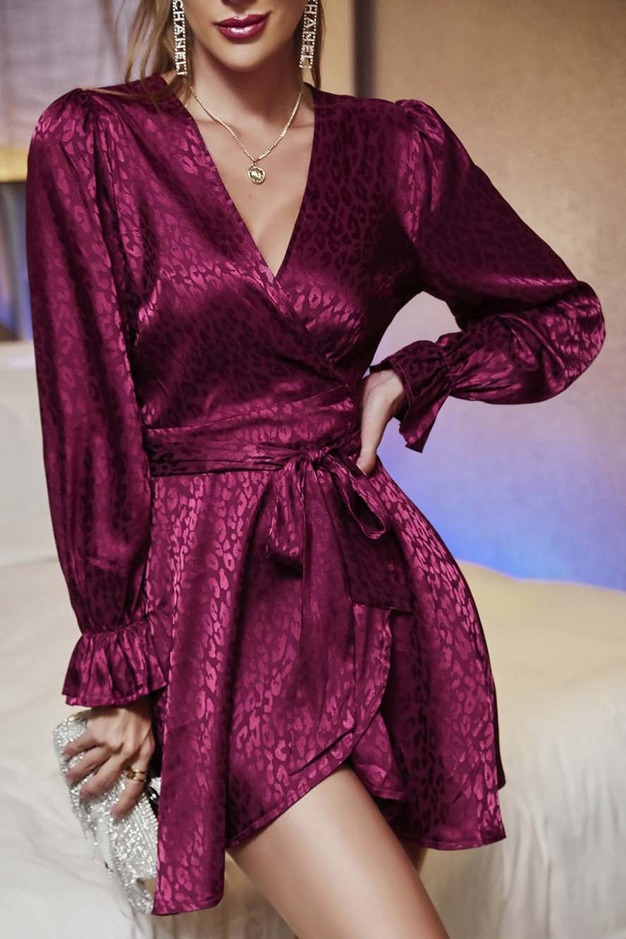 v-Neck Long Sleeve Neck Waist Tie Satin Midi Print Dress