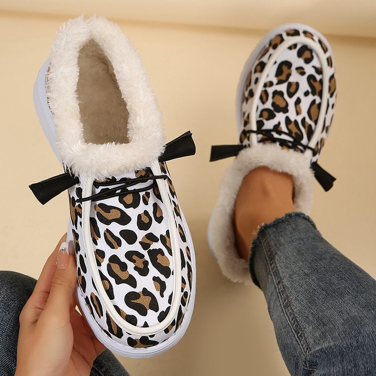 Leopard print flat slip-on plush snow shoes