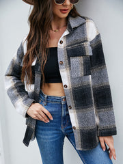 Single-breasted Coarse Woven Plaid Shirt Jacket