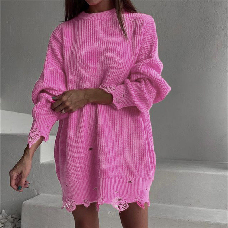 Ripped O Neck Oversized Sweater Dress