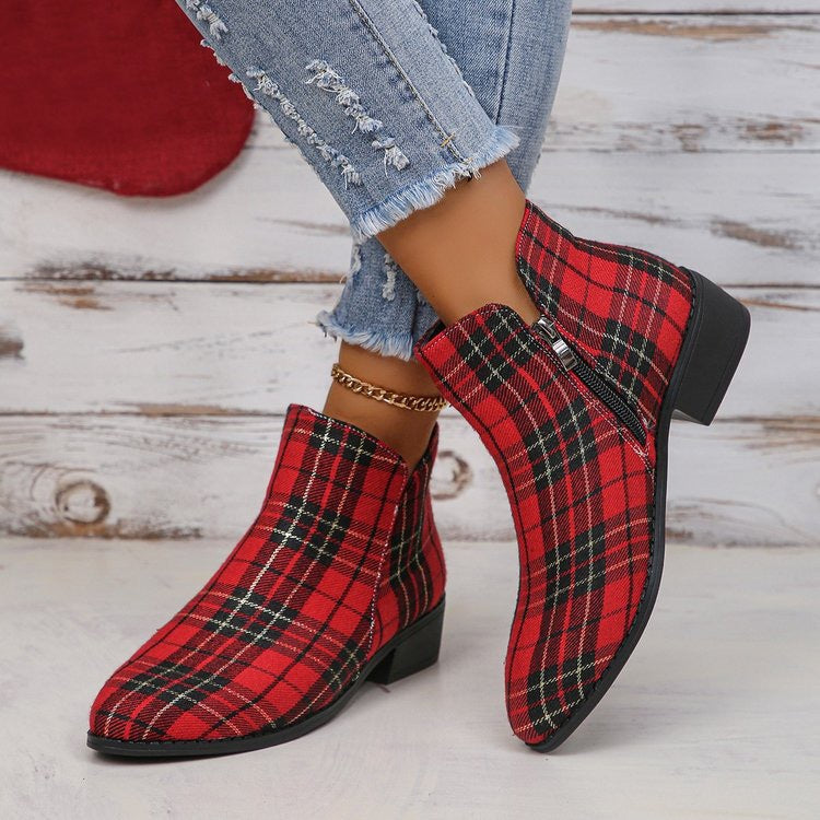 Plaid red and black color block round toe denim shoes