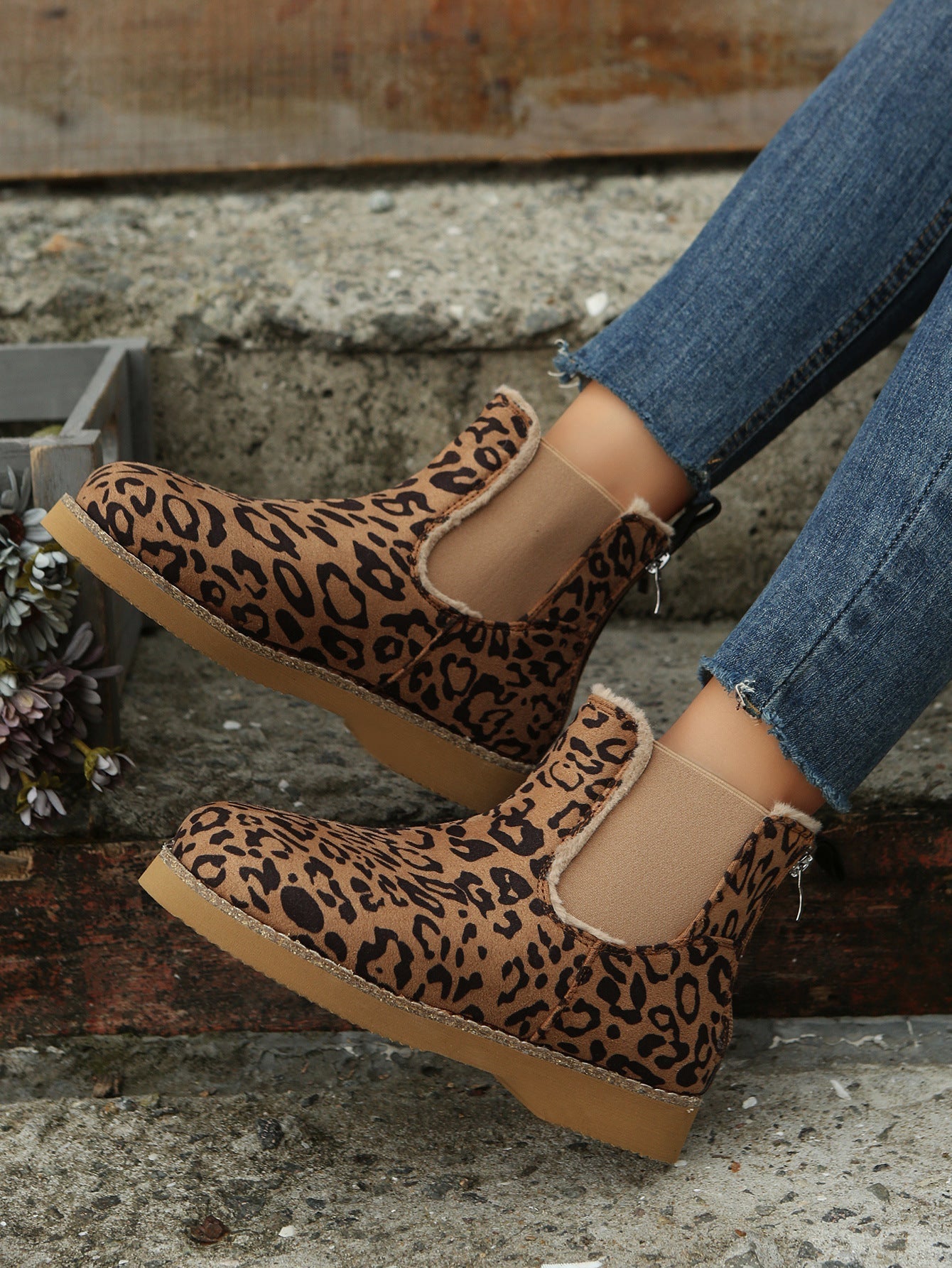 Slip On Leopard Plush Sole Ankle Booties