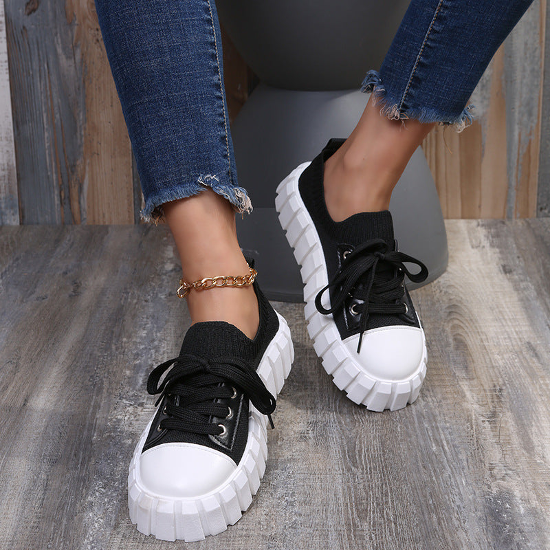 Colorblock Platform Fly knit Lace-up Sneakers