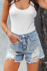 Fringed Chain Denim Cutout Shorts