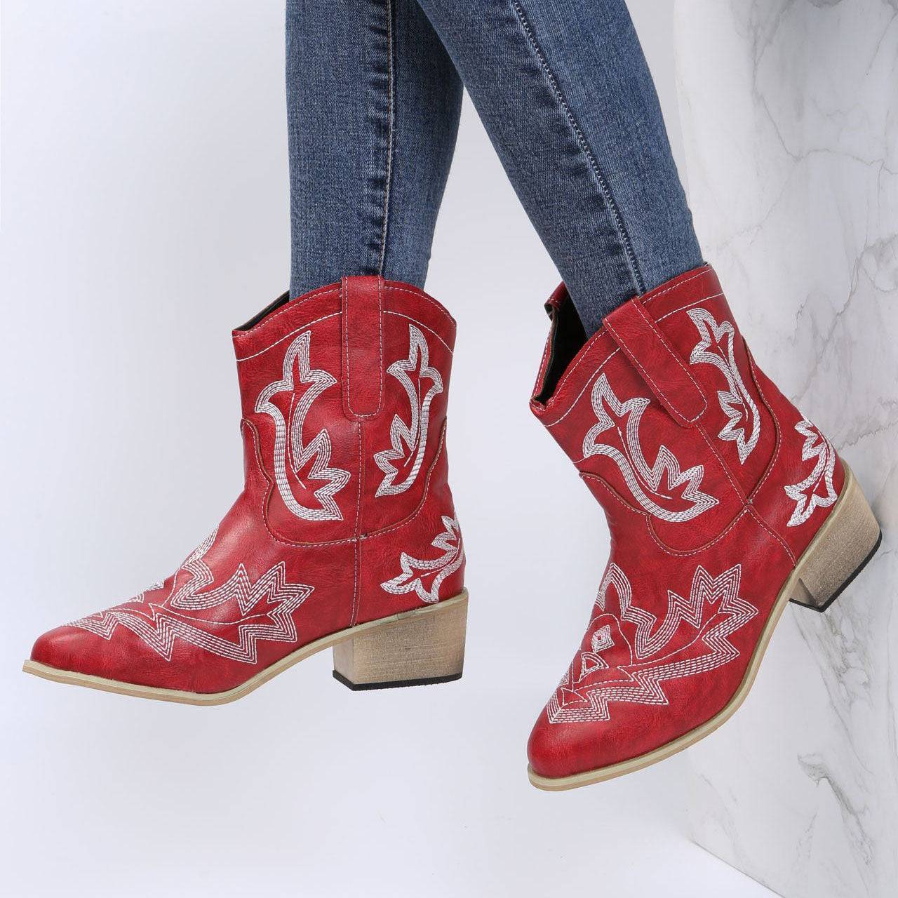 Embroidered Floral Chunky Heel Martin Boots