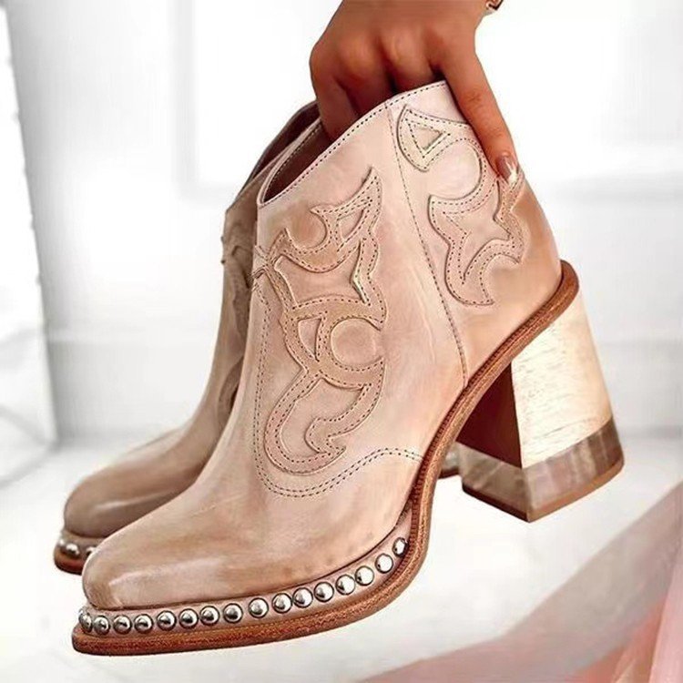 Embroidered Thick Heel Sewing Rivets Vintage Ankle Boots