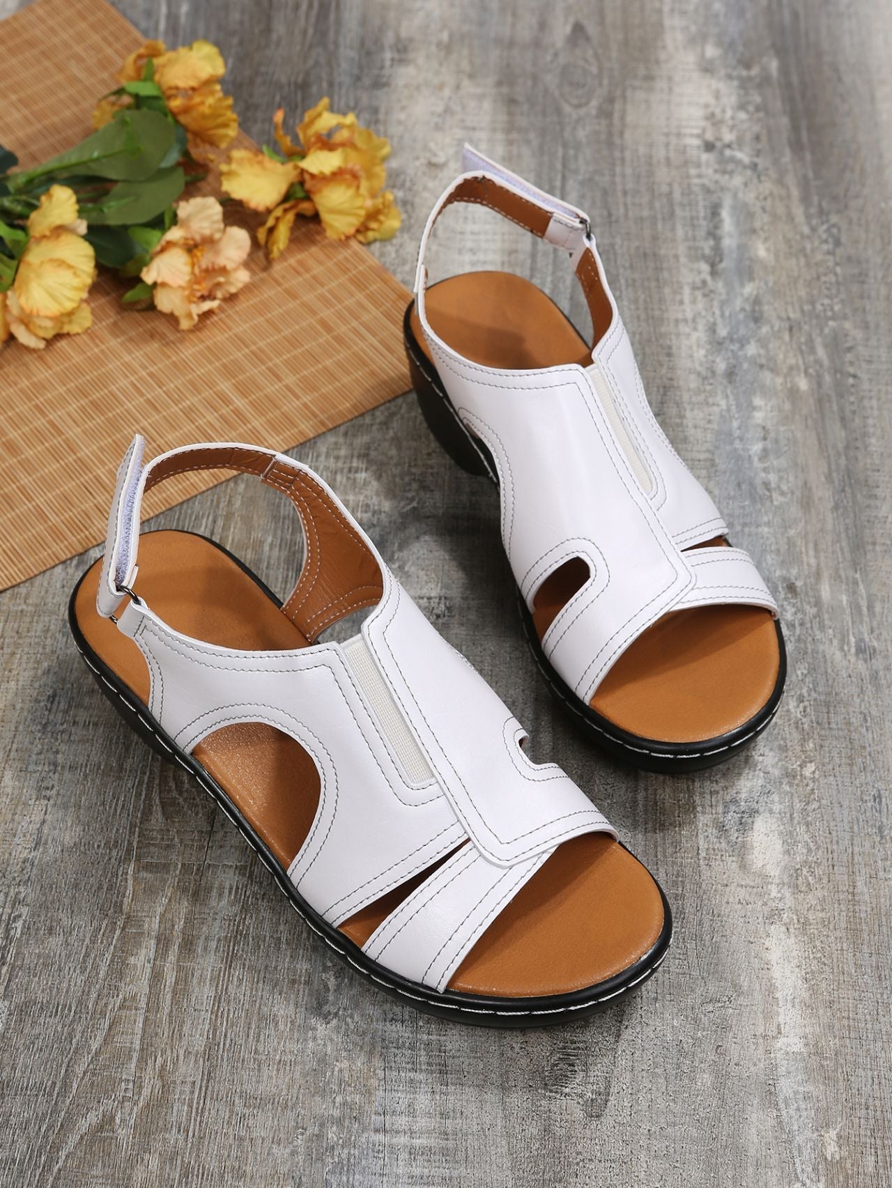 Velcro-stitched cutout chunky heel open toe sandals