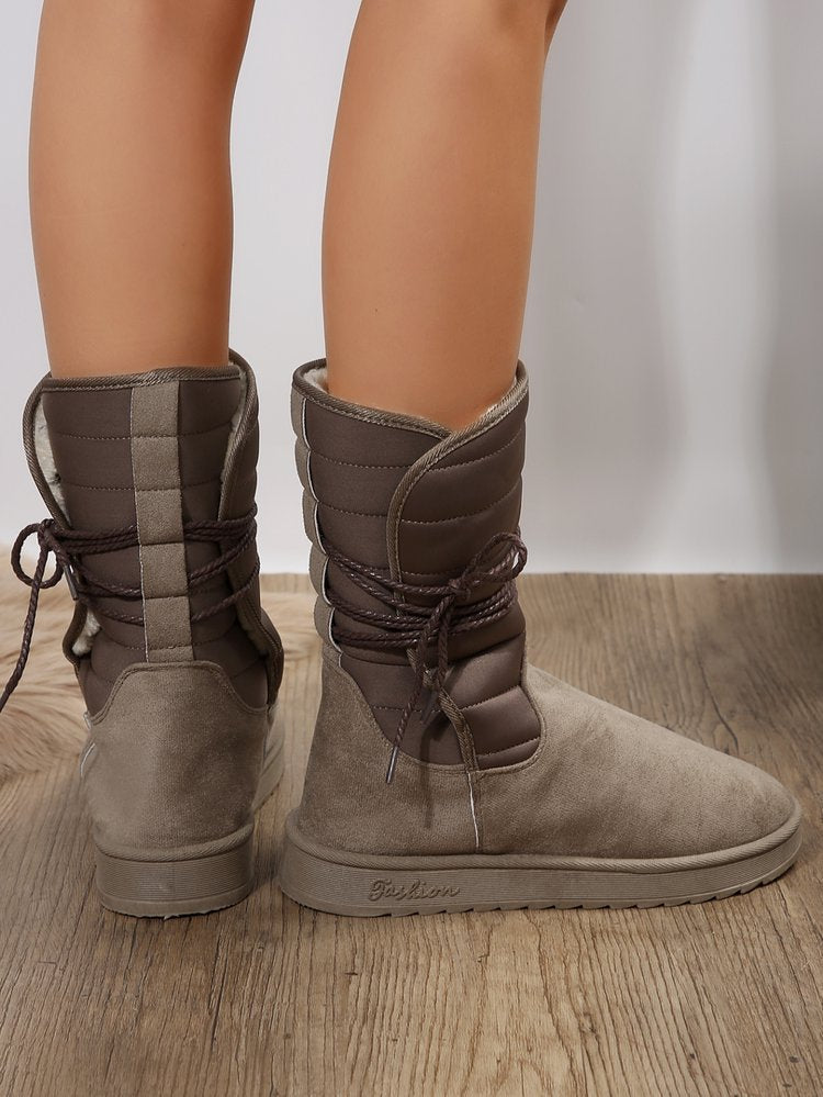 Mid-calf lace-up fleece snow boots