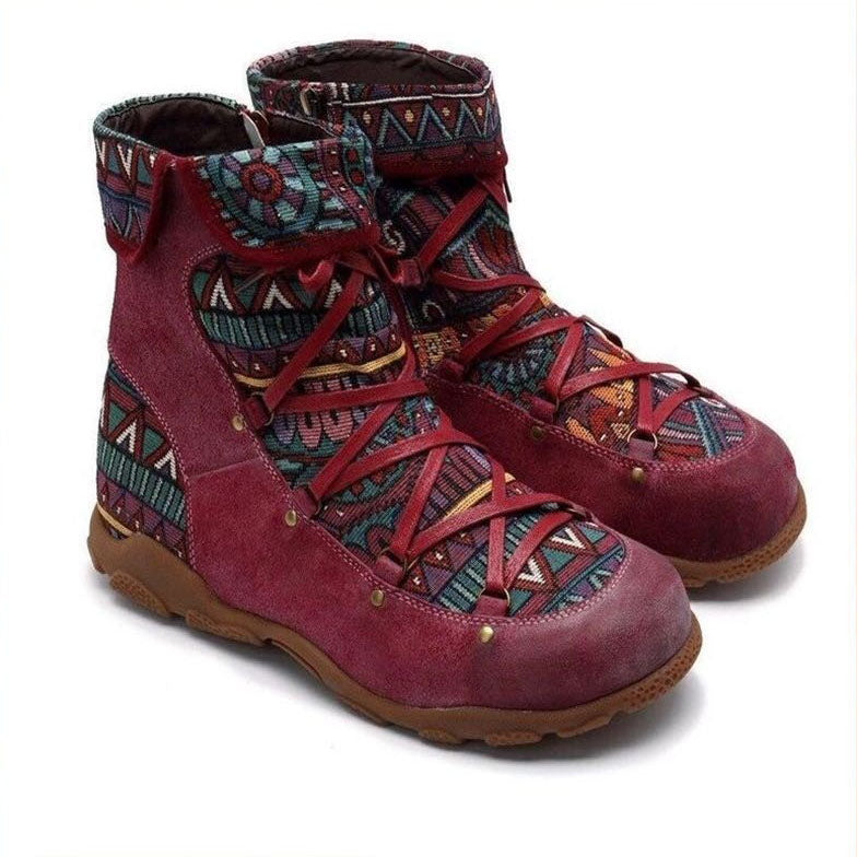 Ethnic patchwork retro side zip booties