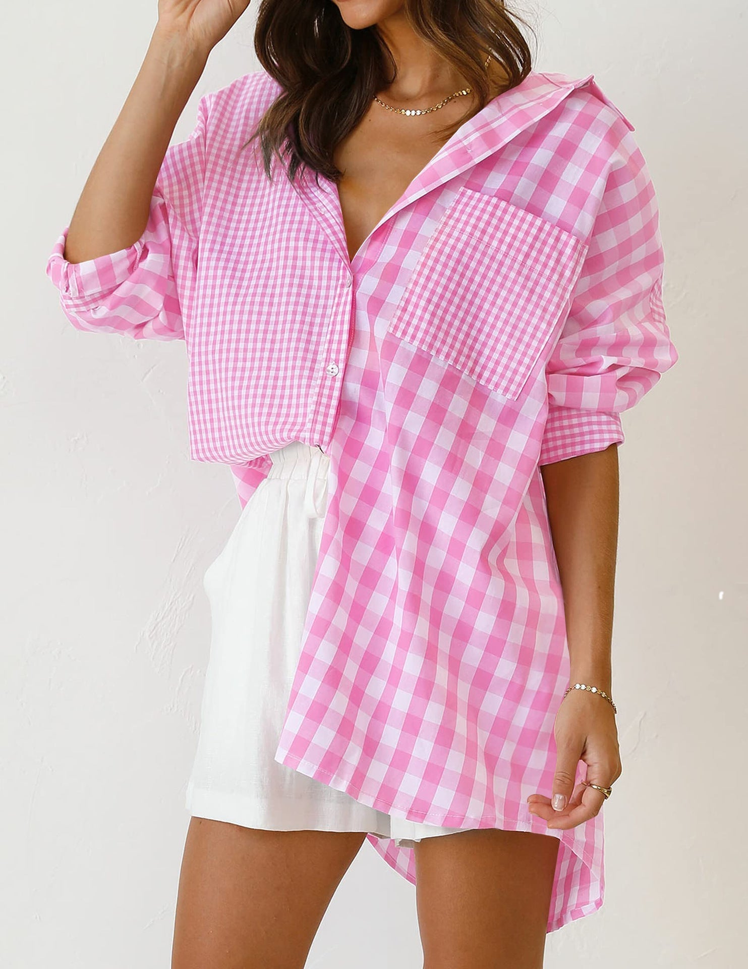 Geometric Art Loose Plaid Panel Shirt