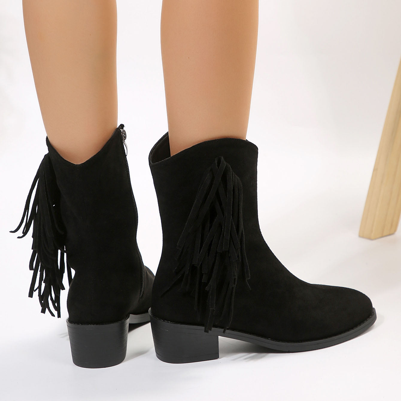 Fringed suede pointy toe chunky heel short boots