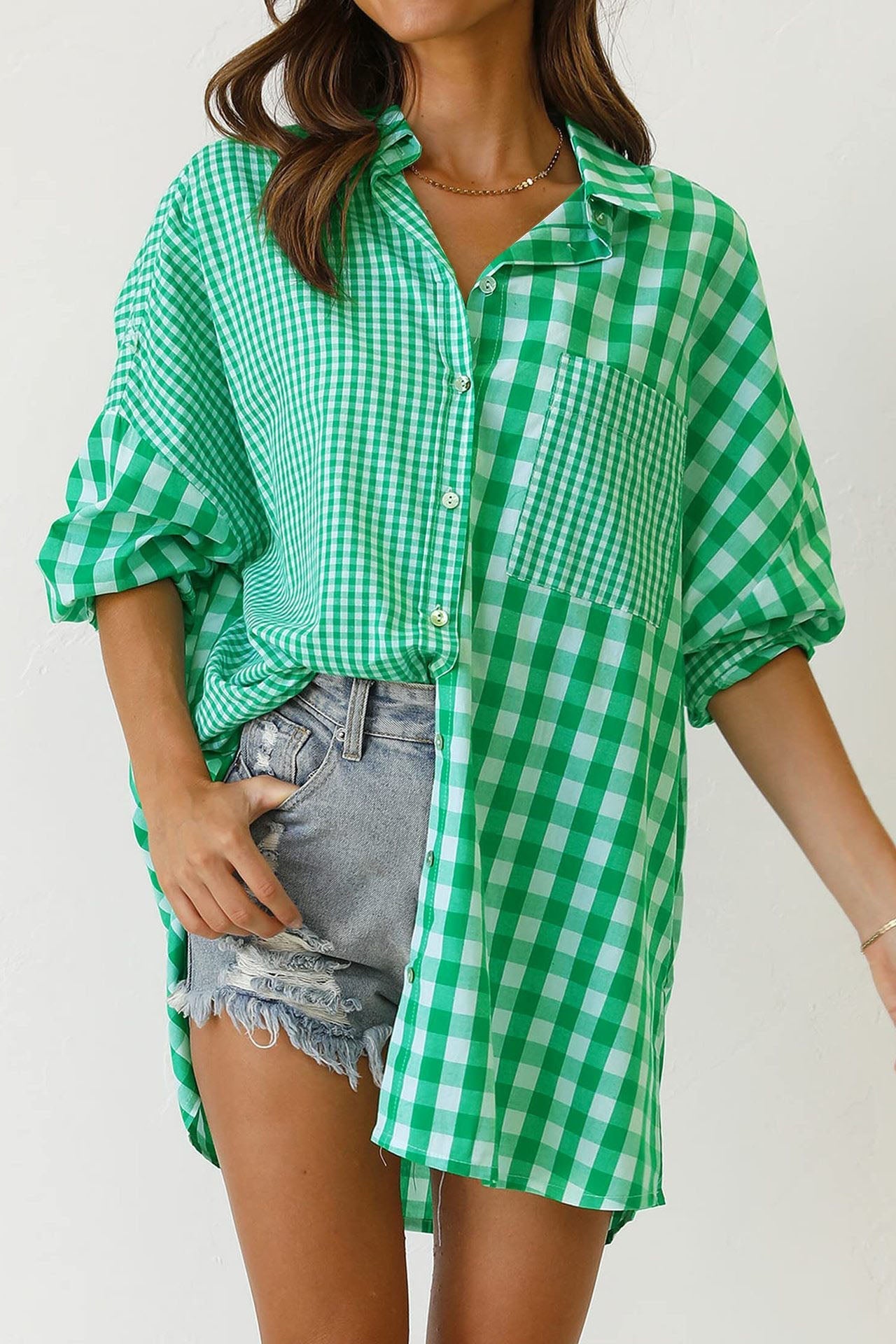Geometric Art Loose Plaid Panel Shirt