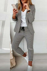 Lapel Neck Plaid Blazer Coat & Drawstring Pants Set