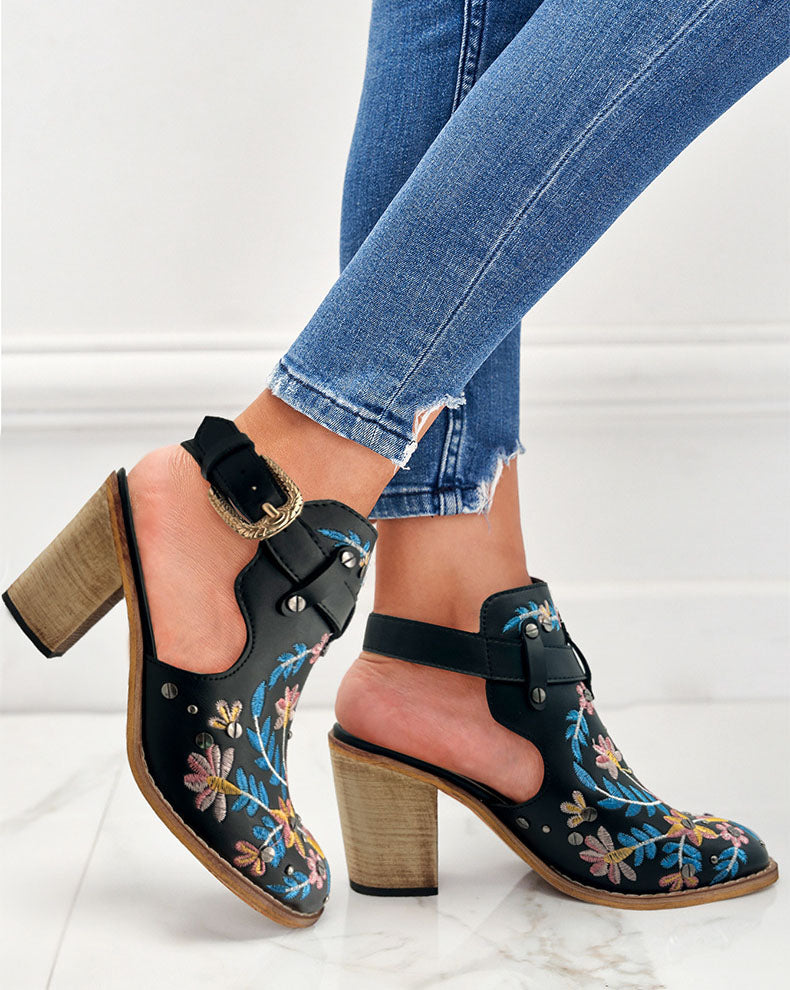 Vintage Floral Embroidered Espadrilles Chunky Heels