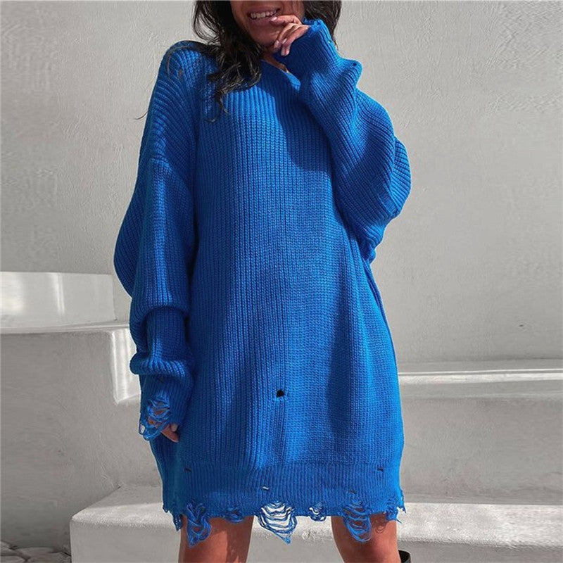 Ripped O Neck Oversized Sweater Dress