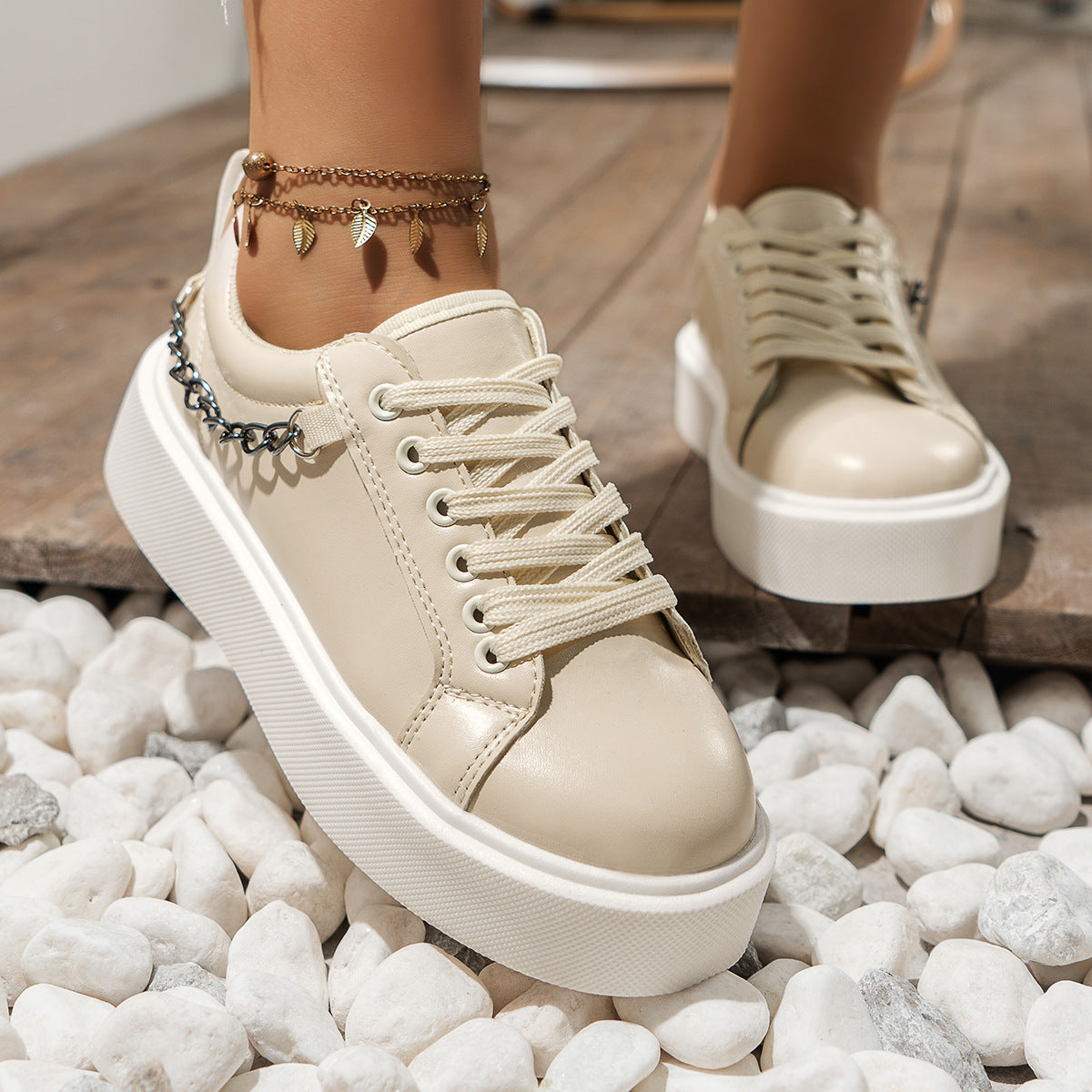 Platform Lace Up Metal Chain Sneakers