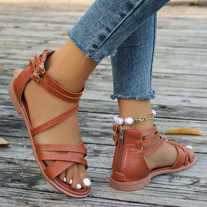 Zipper Buckles Flat Roman Sandals