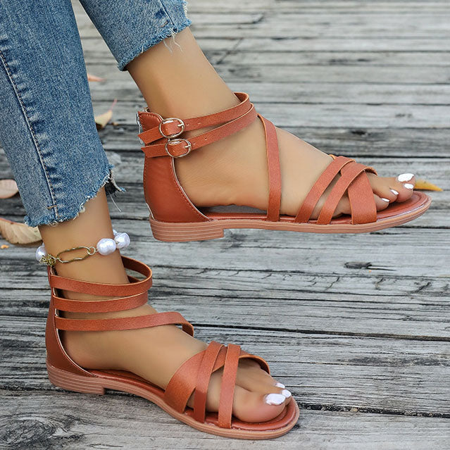 Zipper Buckles Flat Roman Sandals