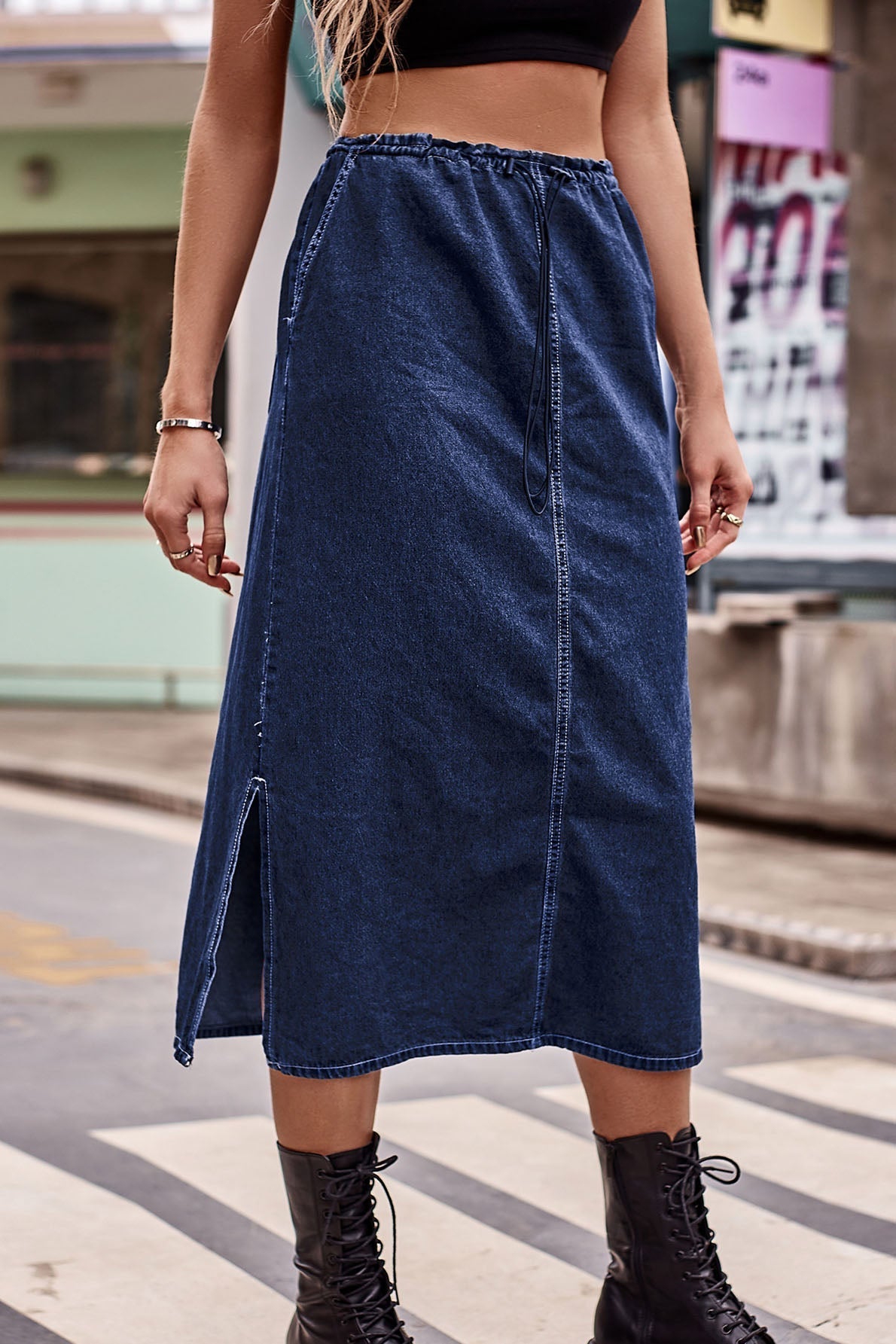 Get It Going Denim Blue Midi Skirt