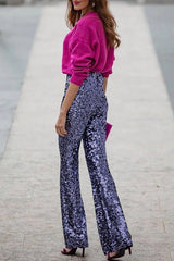 Party Sequined Elastic Waist Slim Fit Flared Pants