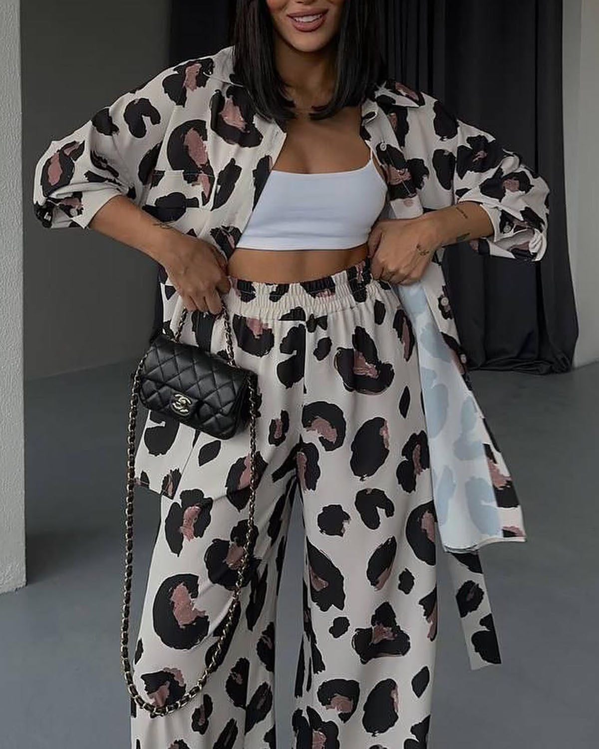 Leopard Print Long Sleeve Shirt Wide Leg Pants Two-Piece Set