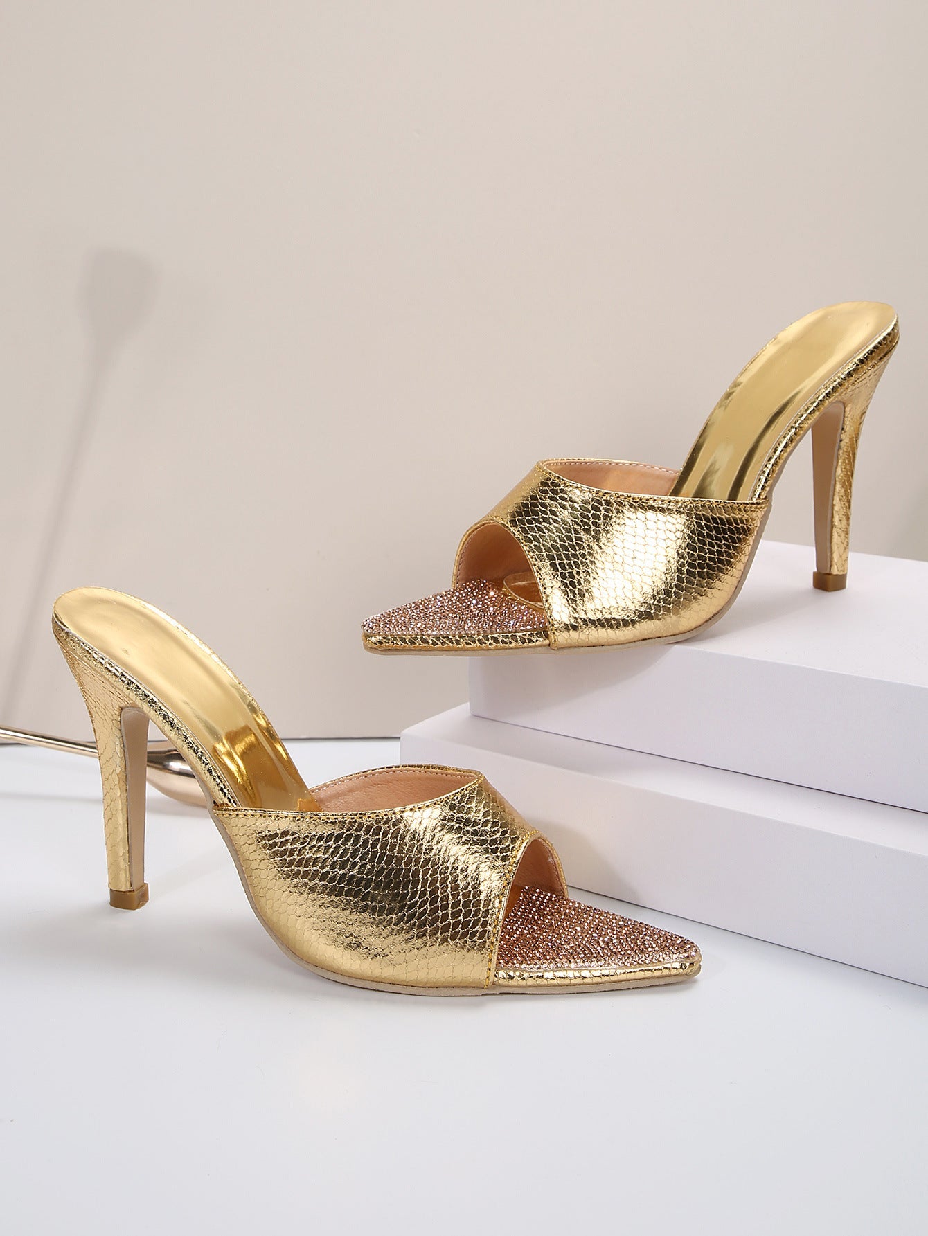 Silver rhinestone pointed toe heels mules