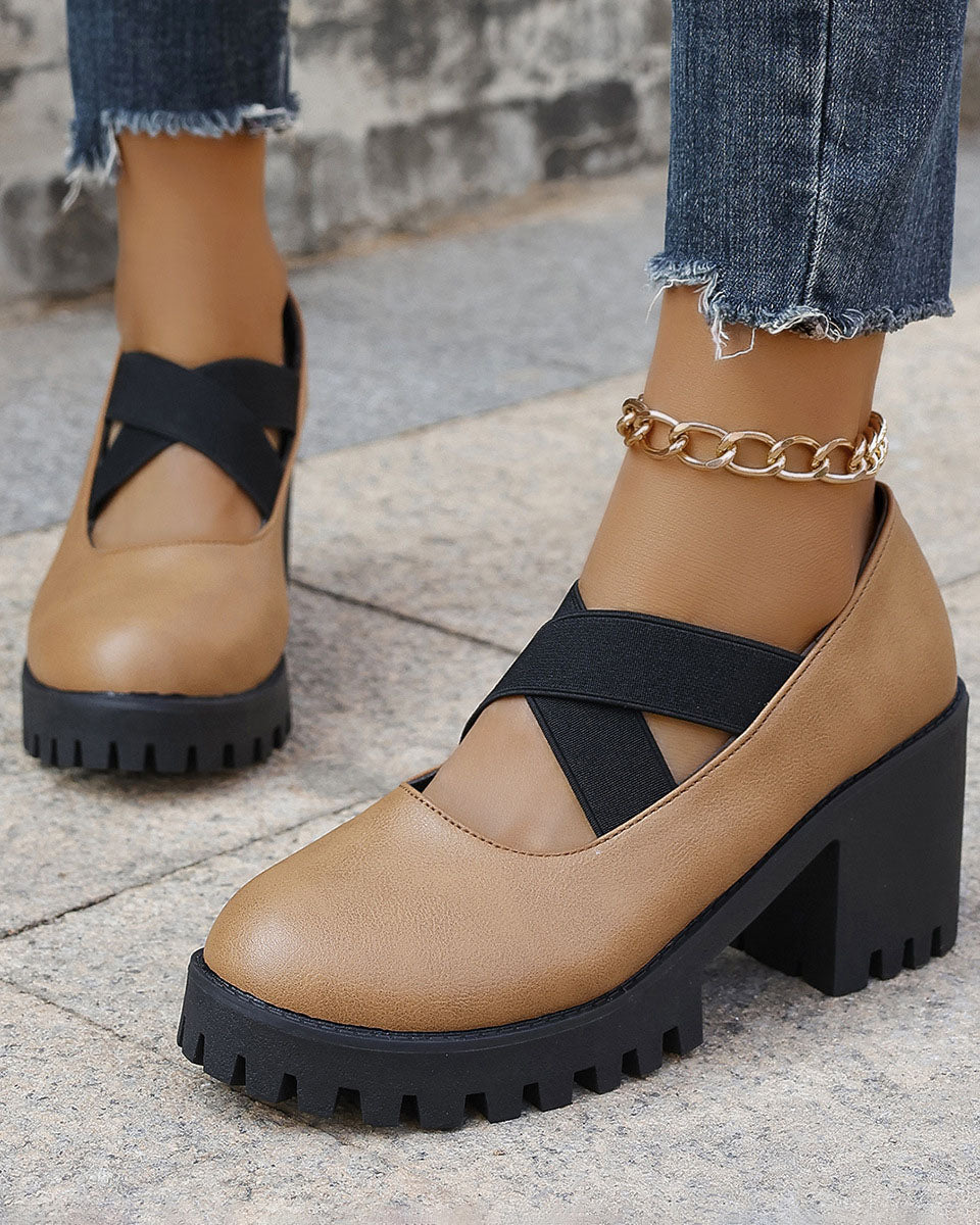 Cross Elastic Strap Square-toe Chunky Heel Mary Jane Sandals