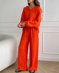 Long Sleeve Lapel Top Drawstring Pants Two-Piece Set