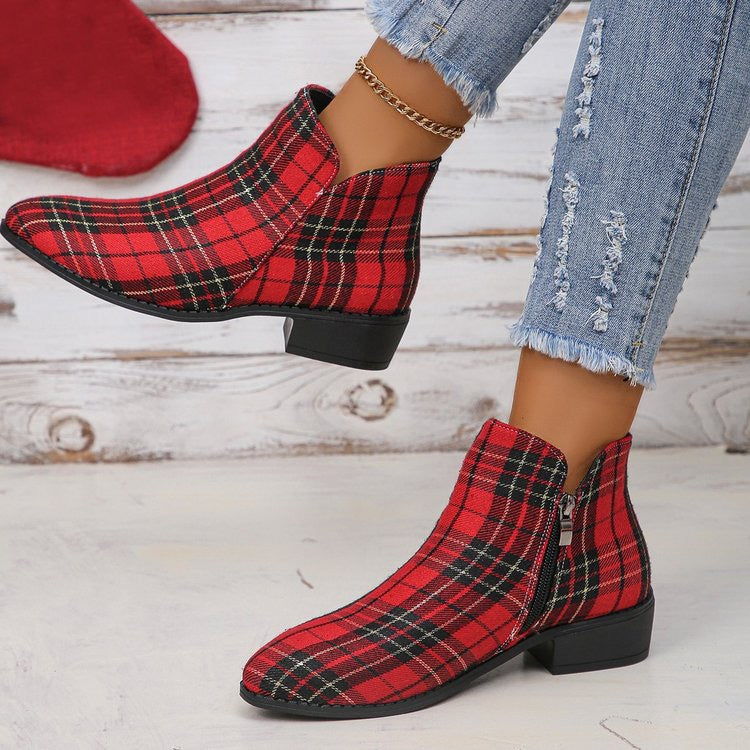 Plaid red and black color block round toe denim shoes