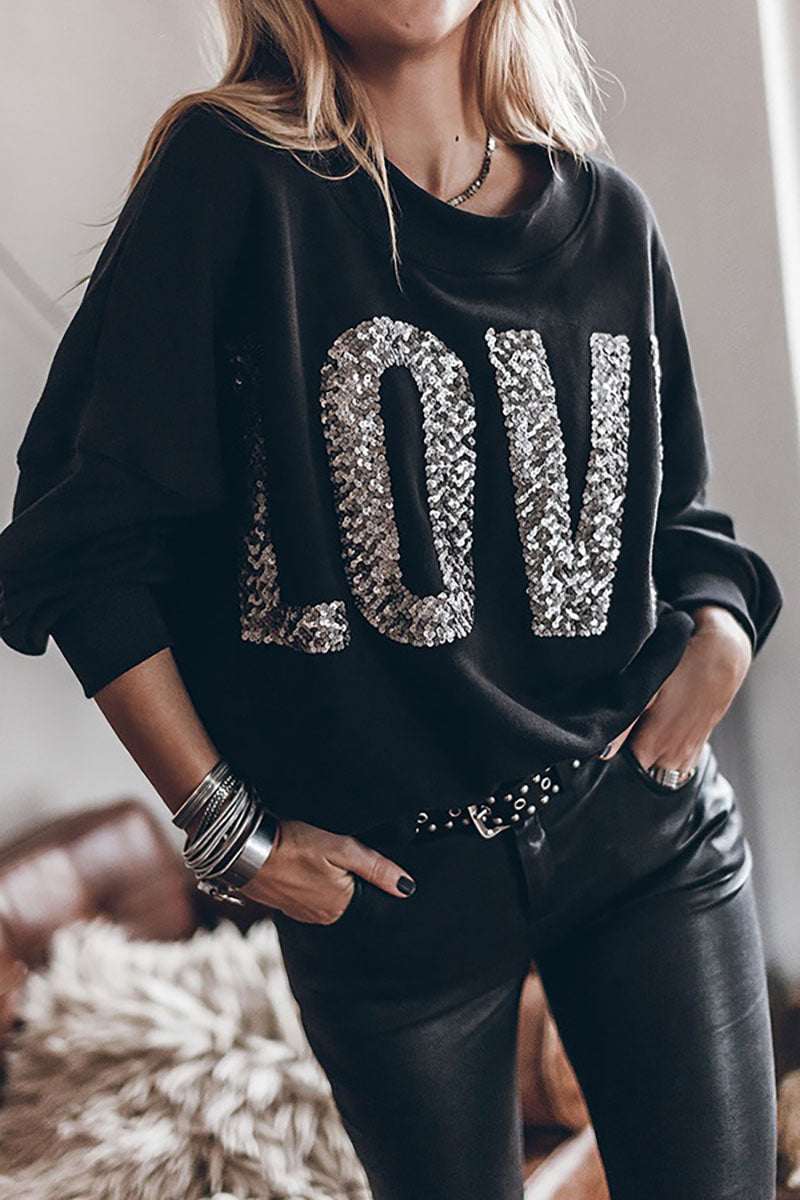 Bat sleeve sequin LOVE black sweatshirt