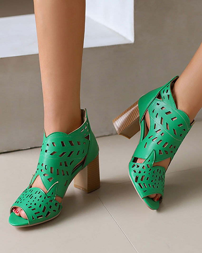 Cut-out Embroidered Chunky Heel Peep-toe Sandals