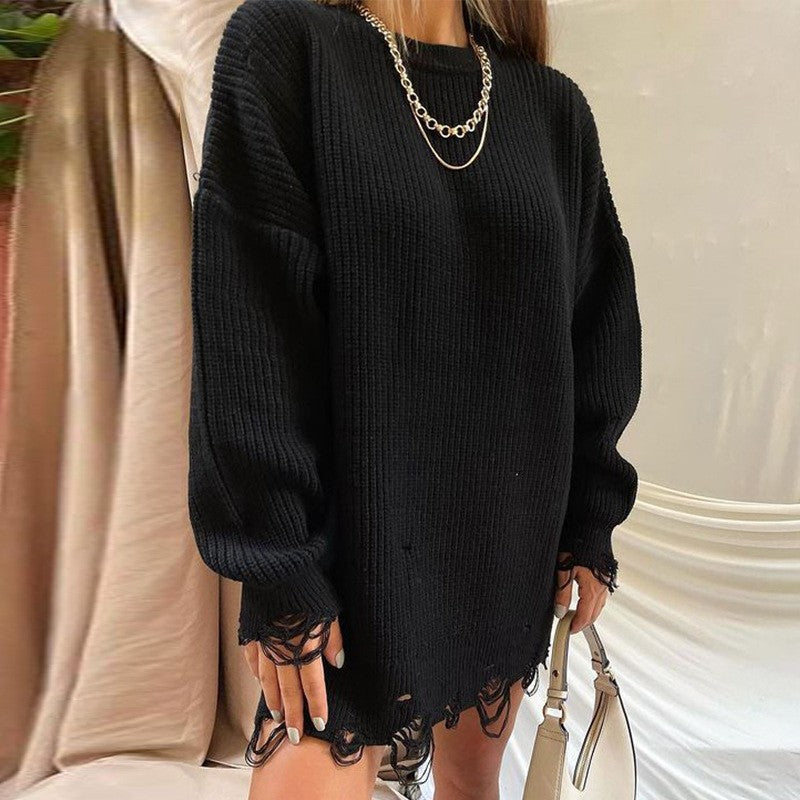 Ripped O Neck Oversized Sweater Dress