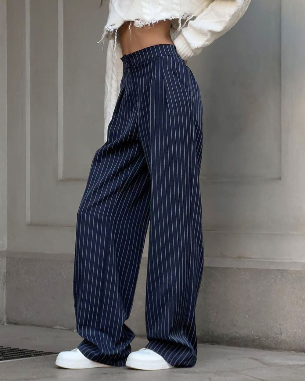 Navy Striped High-Waisted Straight Wide-Leg Pants