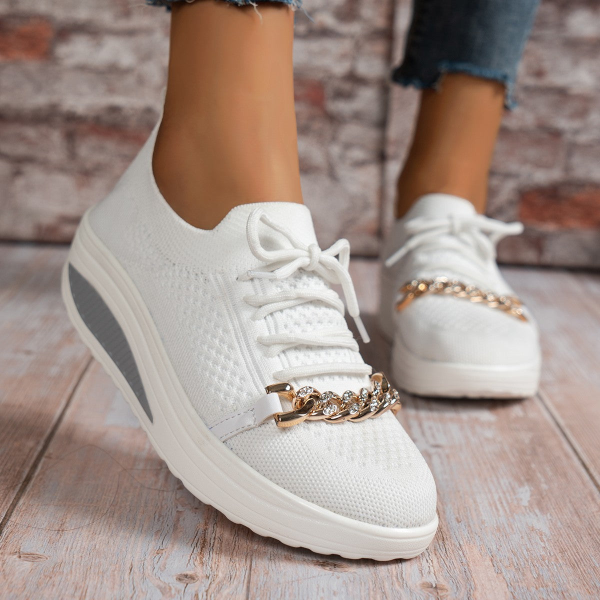 Flyknit Breathable Upper Chain Wedge Lace-up Sneakers