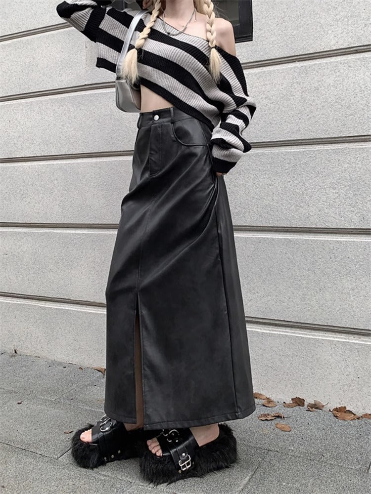 Slit PU high waist half retro long skirt