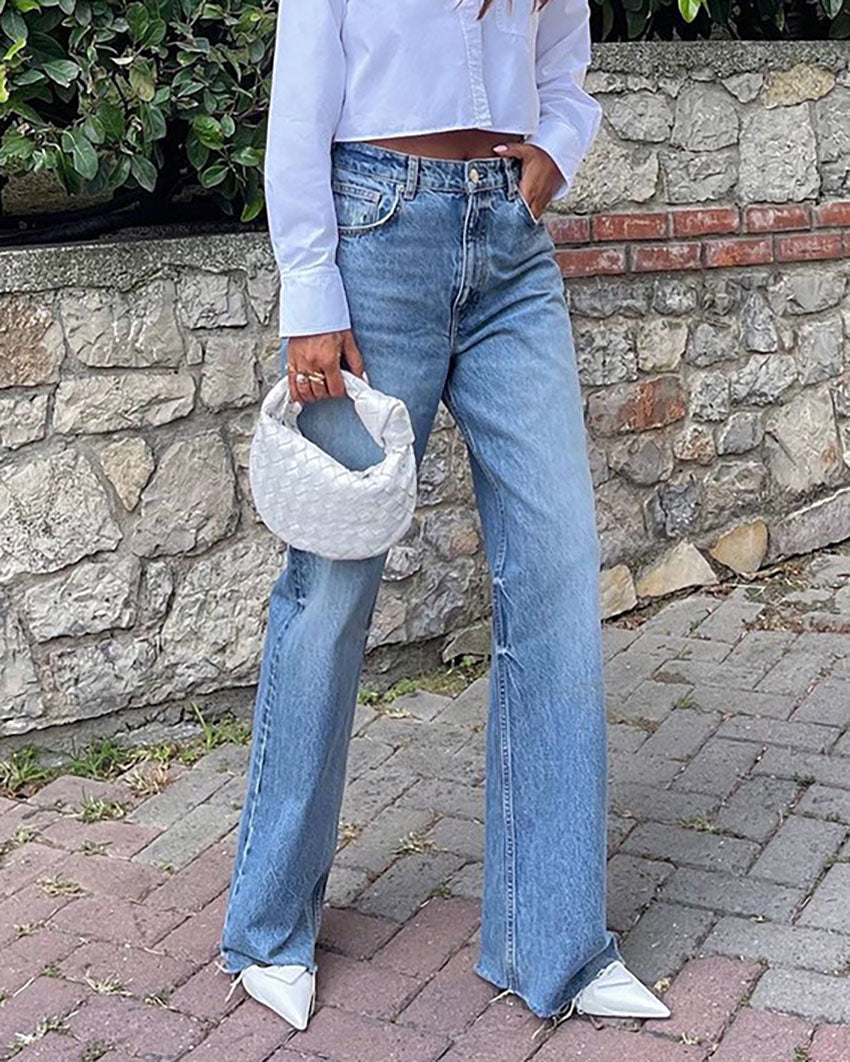 High-Waisted Frayed Hem Loose Fit Straight Leg Jeans