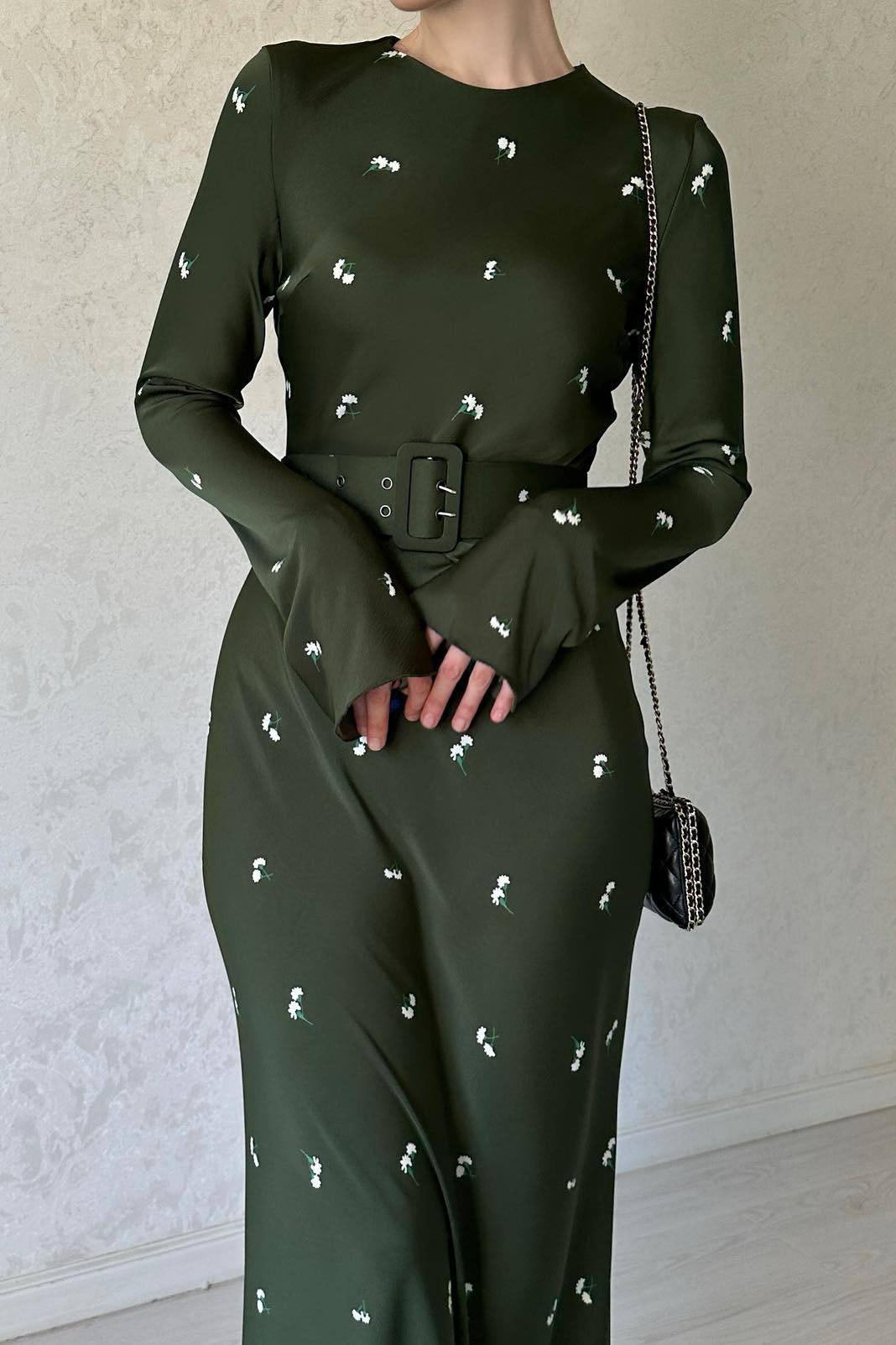 Embroidered Belt Slim-fit Ruffle Hem A-line Long Dress