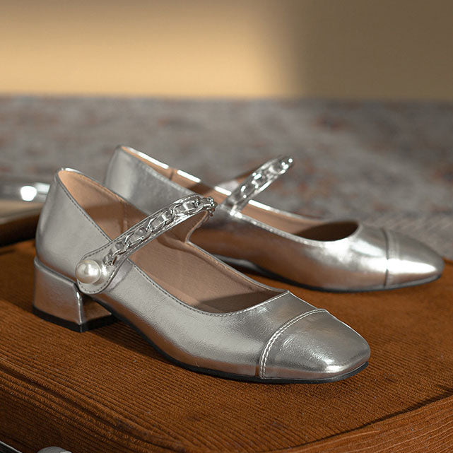 Silver thick heel round toe Mary Jane shoes