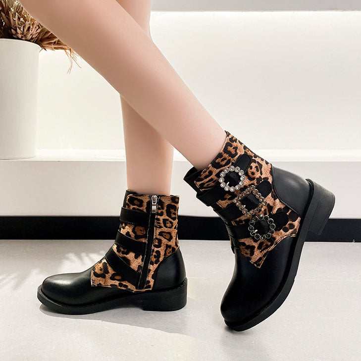 Leopard Belt Buckle Low Heel Round Toe Booties