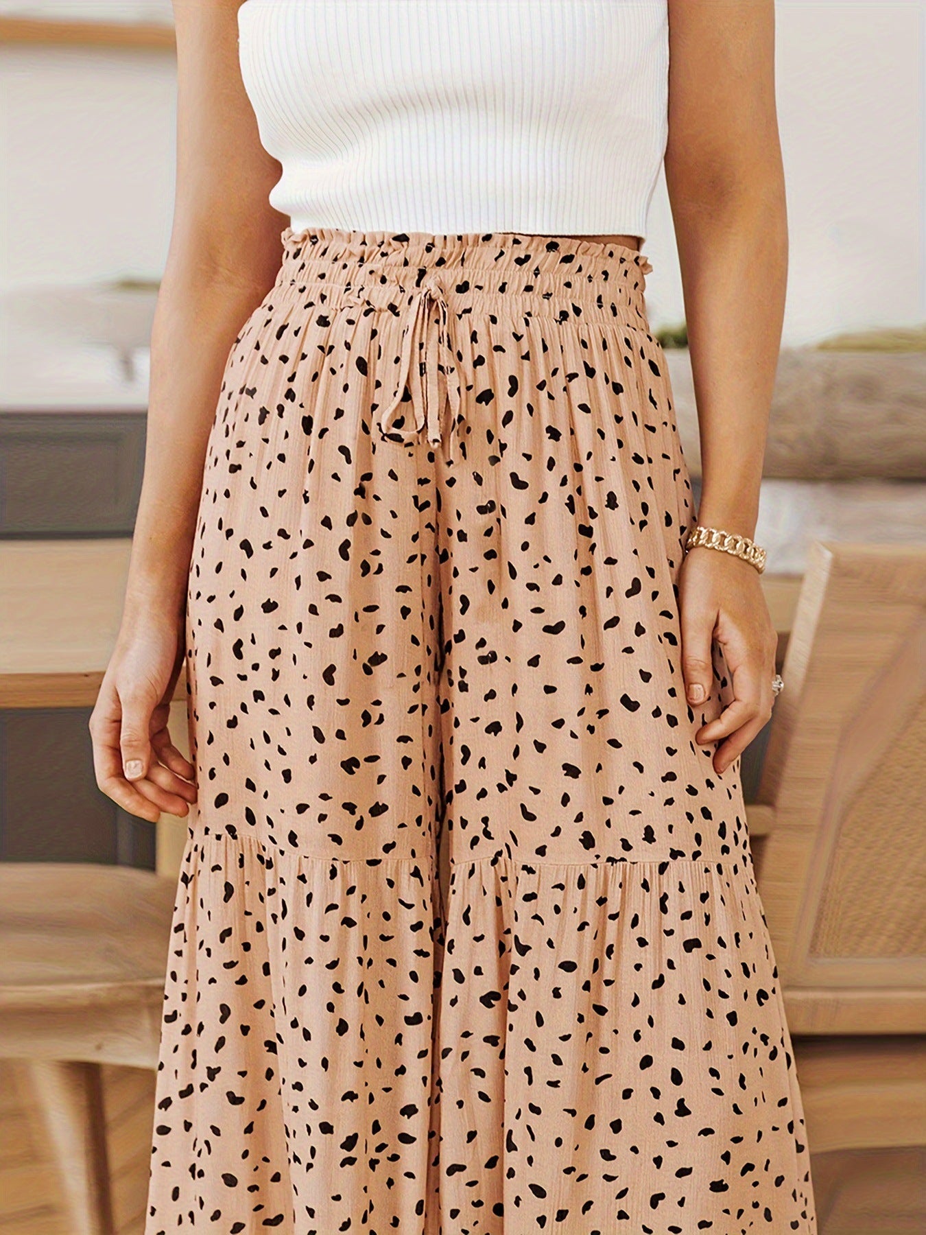 Leopard Print Ruffle Hem Loose Wide Leg Pants