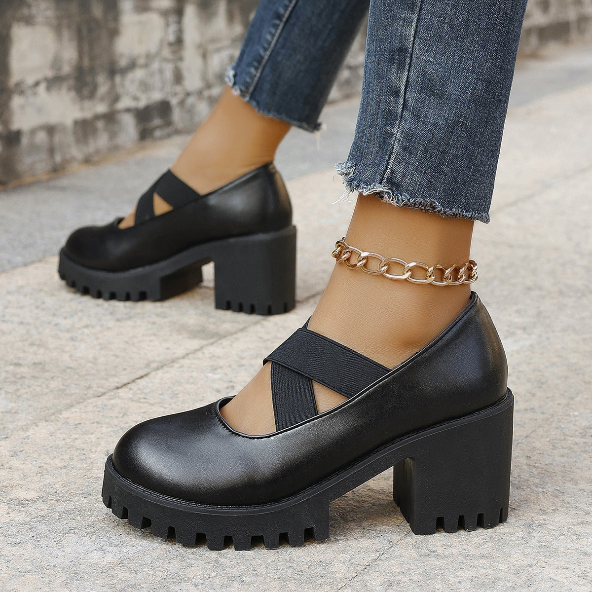 Cross Elastic Strap Square-toe Chunky Heel Mary Jane Sandals