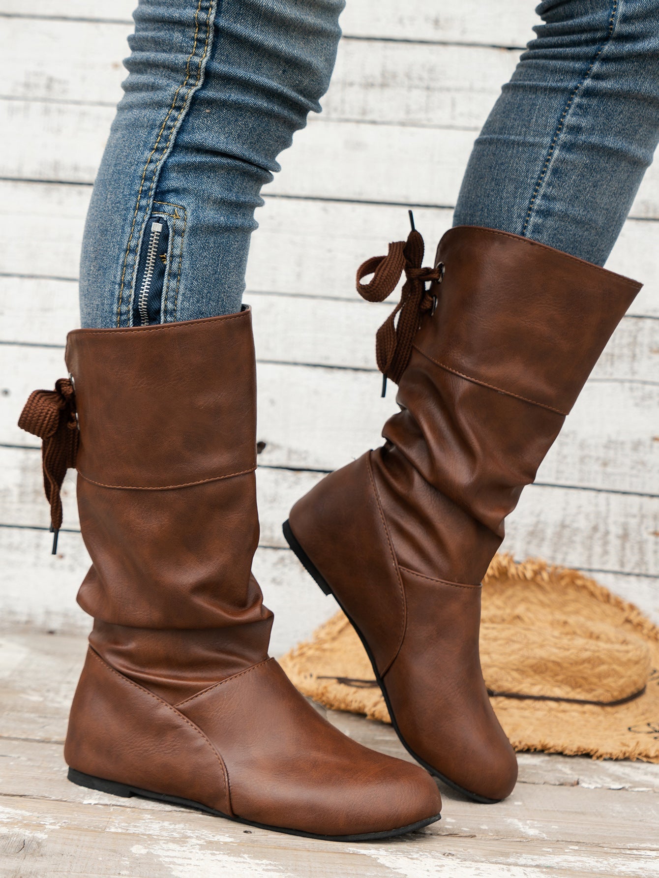 Round toe back bow mid-calf boots